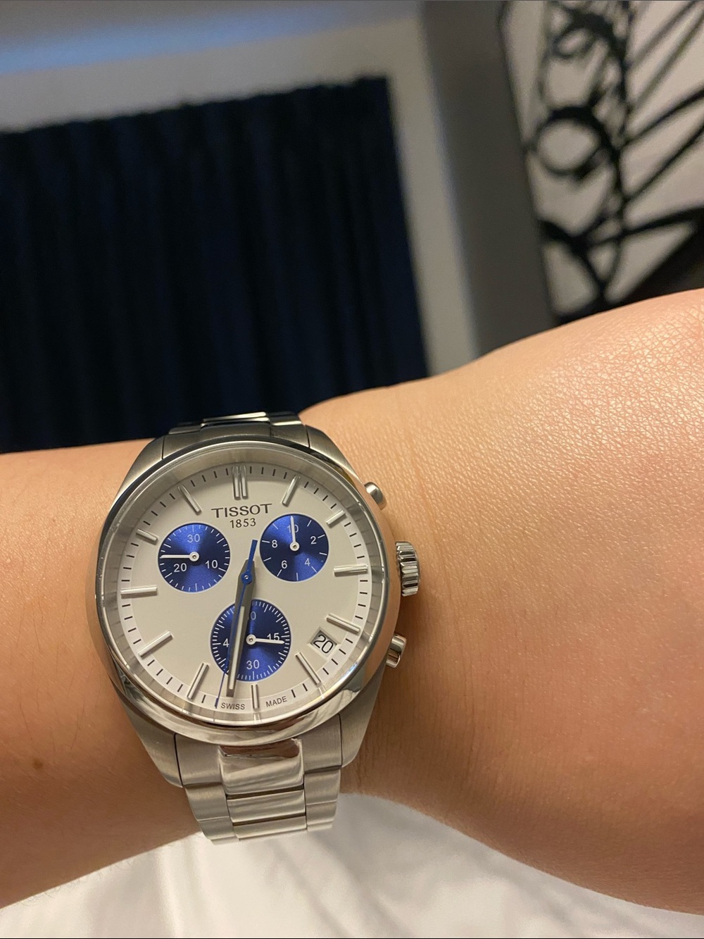 Tissot Silver Watch with Blue Subdials and Stainless Bracelet